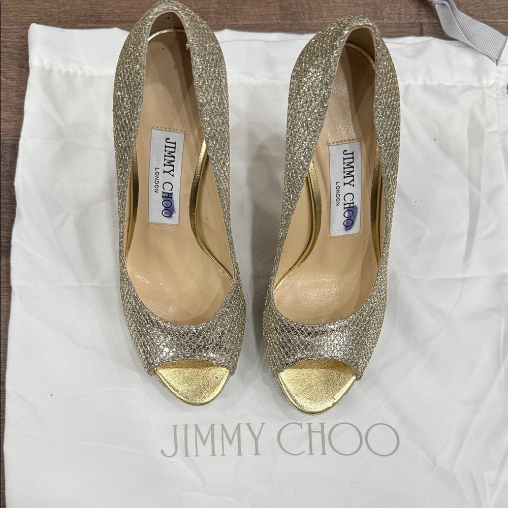 Jimmy Choo Glittering Gold Peep Toe Heels